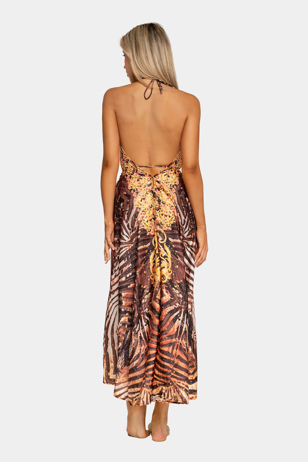 Caftán Kenia Giebelle vista posterior - Animal print africano vibrante espalda