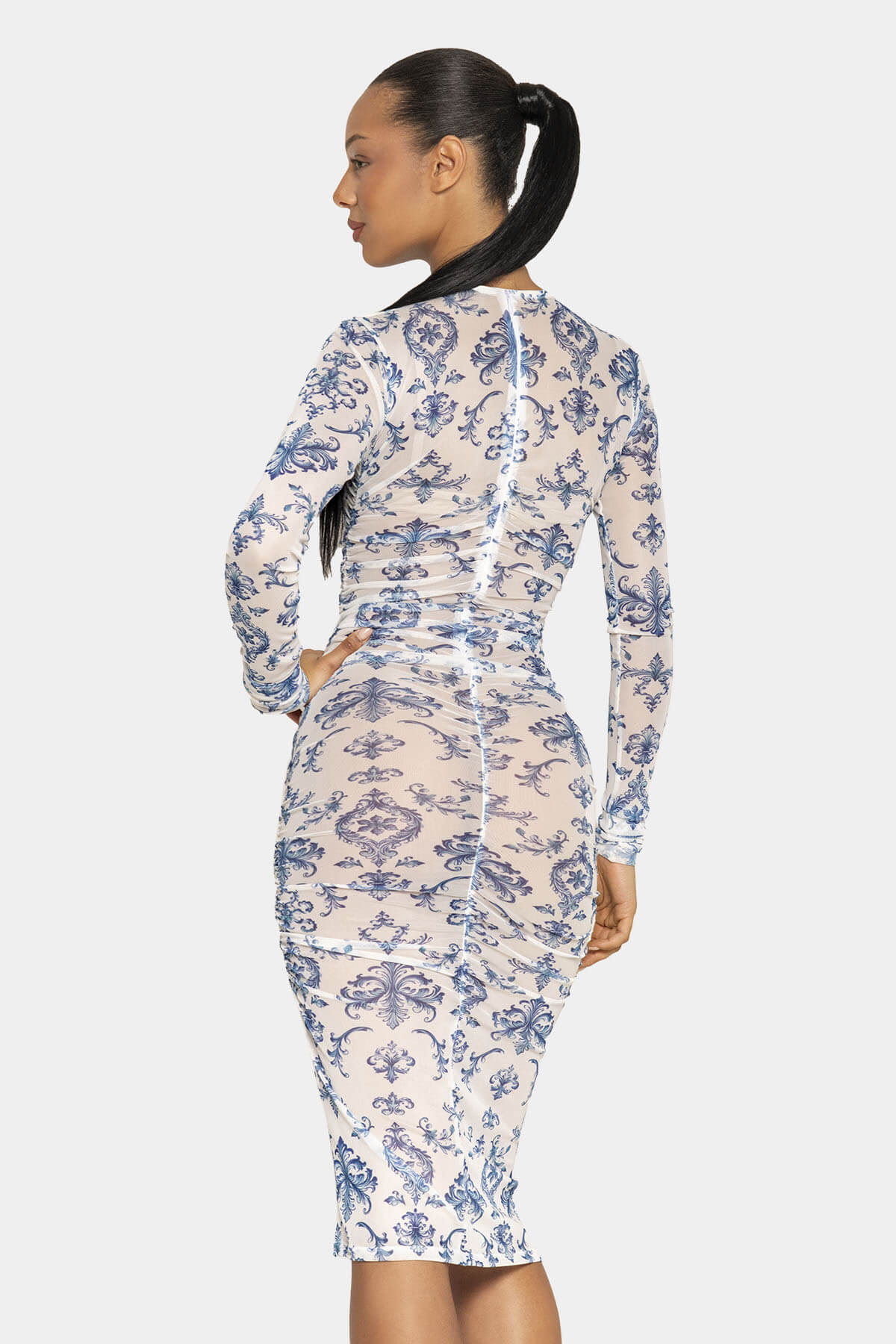 Vestido Santorini Giebelle vista posterior - Tejido semi-transparente mediterráneo espalda