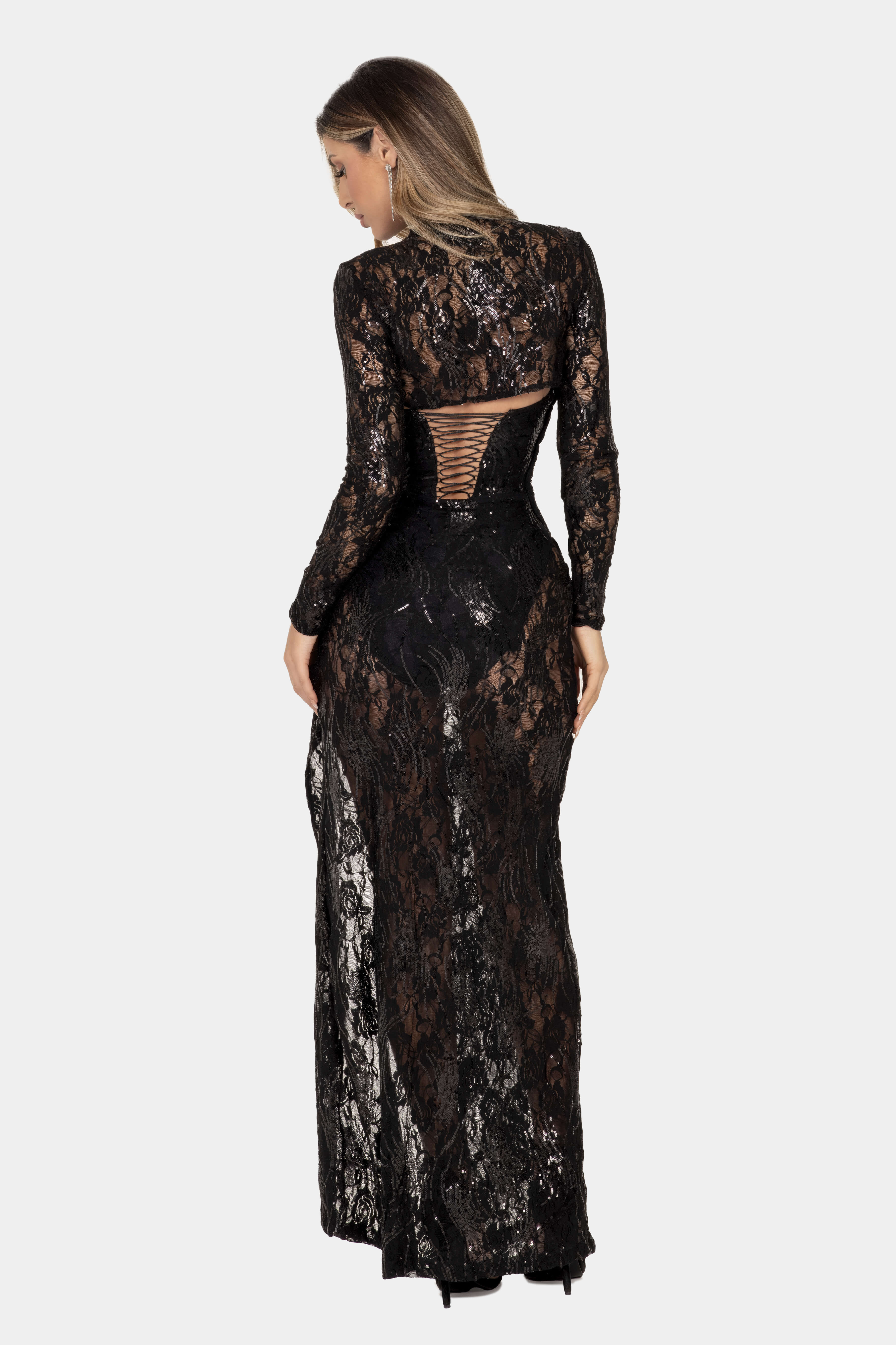 Vestido Afrodita espalda con bolero encaje manga larga y cordones ajustables - Giebelle night