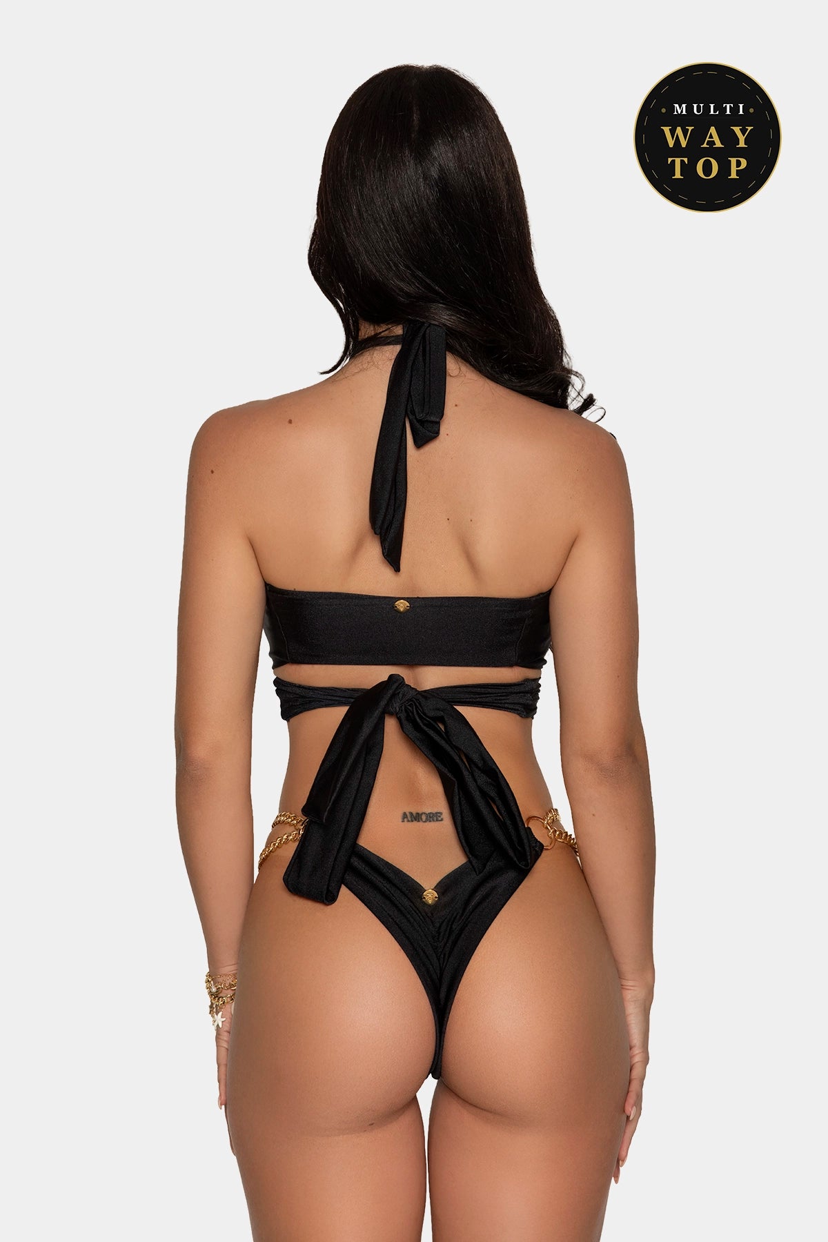 Bikini 24K de Giebelle negro multiposición con anilla central, posición halter cruzado