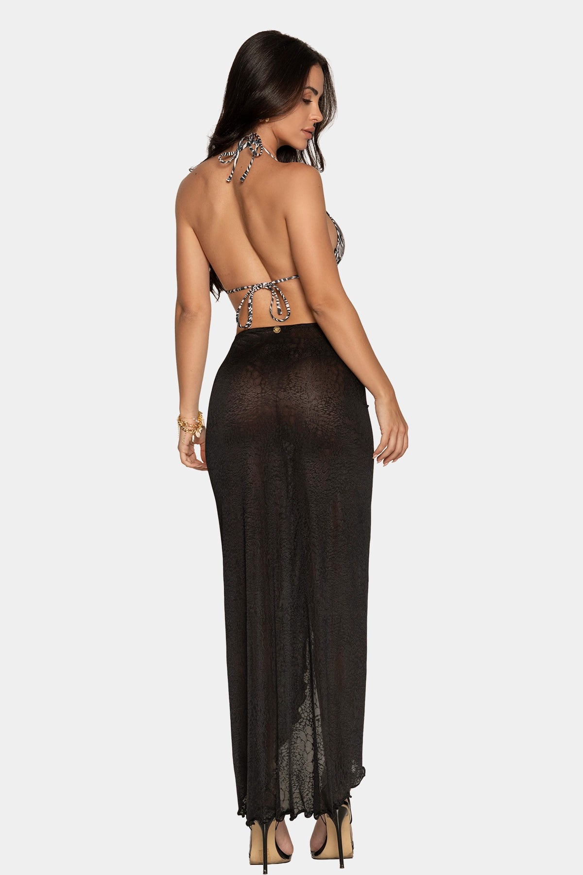 Falda Serpentia de Giebelle tul negro snake print, vista espalda con broche desmontable