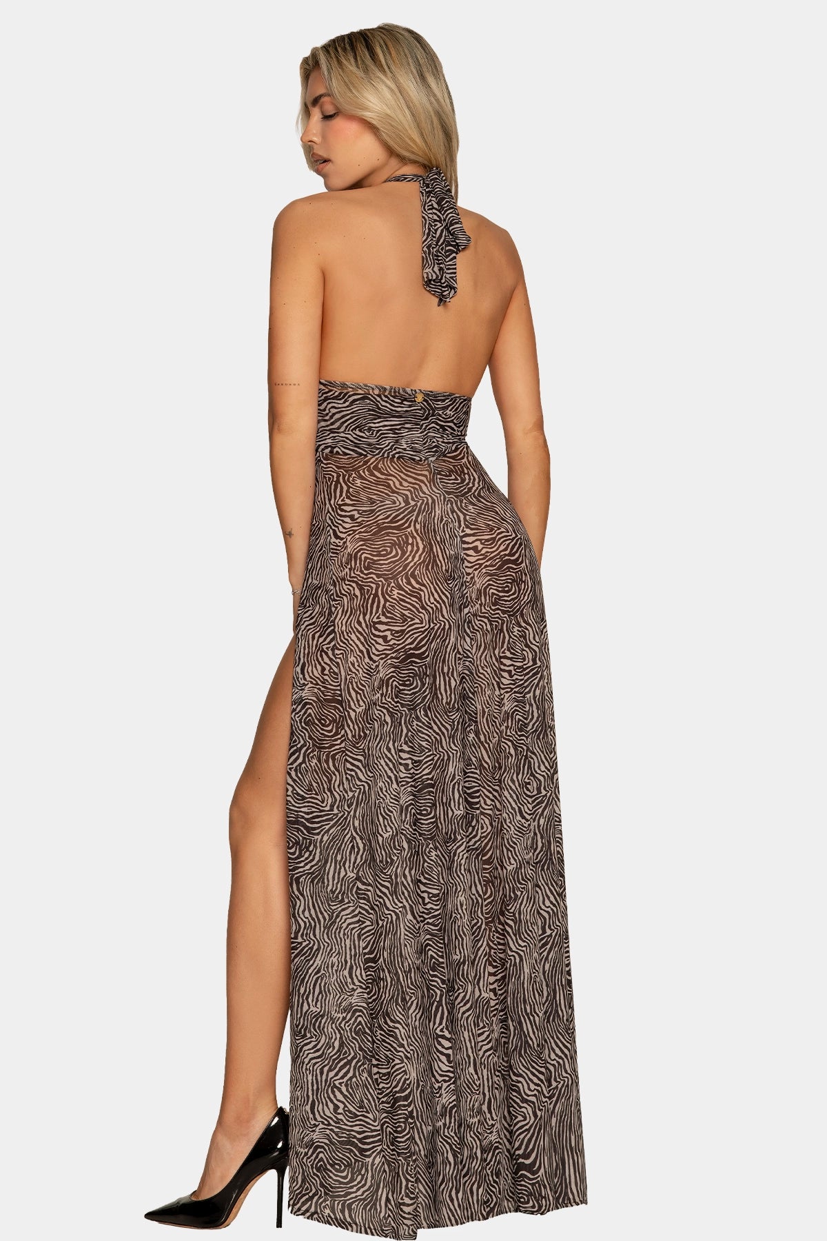 Vestido Sahara de Giebelle tul animal print, vista espalda mostrando caída fluida y tejido reciclado