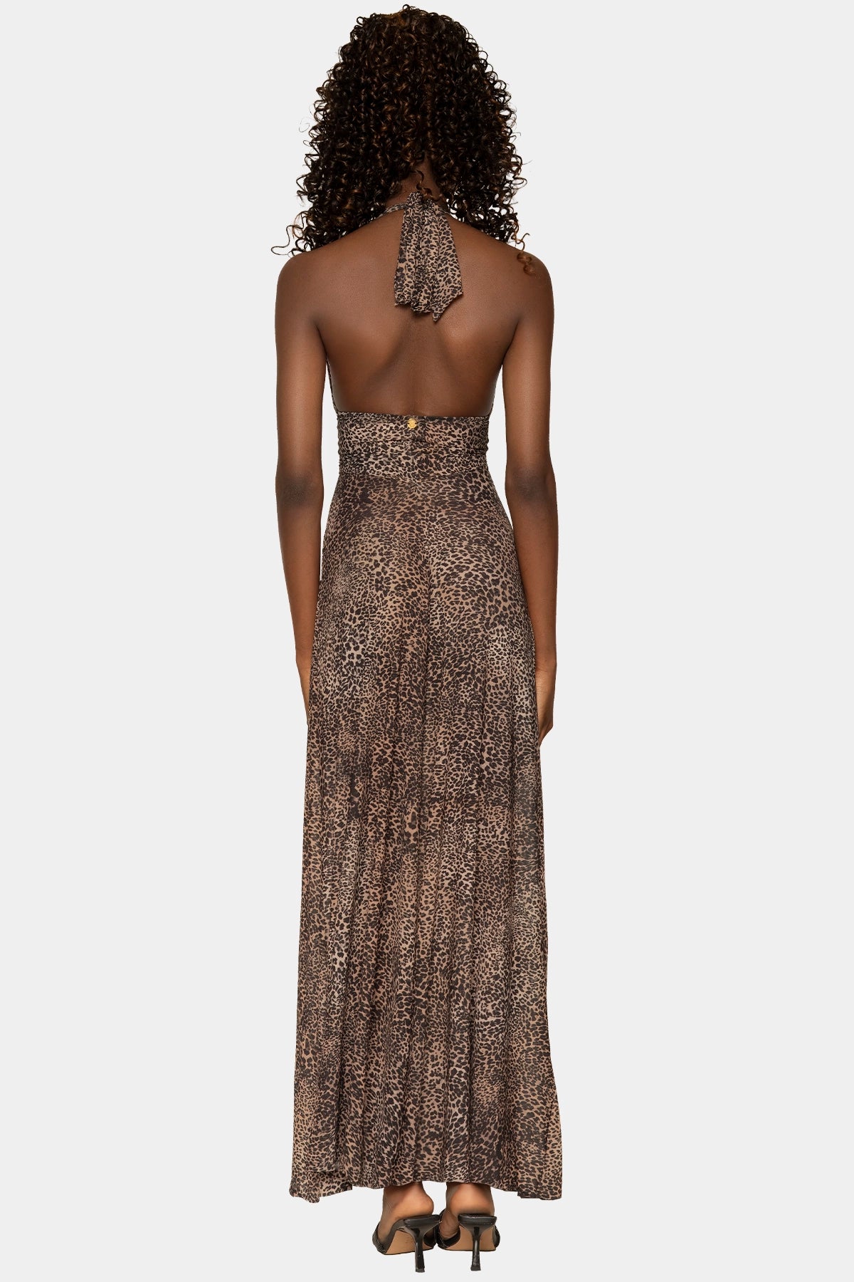 Vestido Savana de Giebelle tul leopardo semitransparente, vista espalda con caída fluida