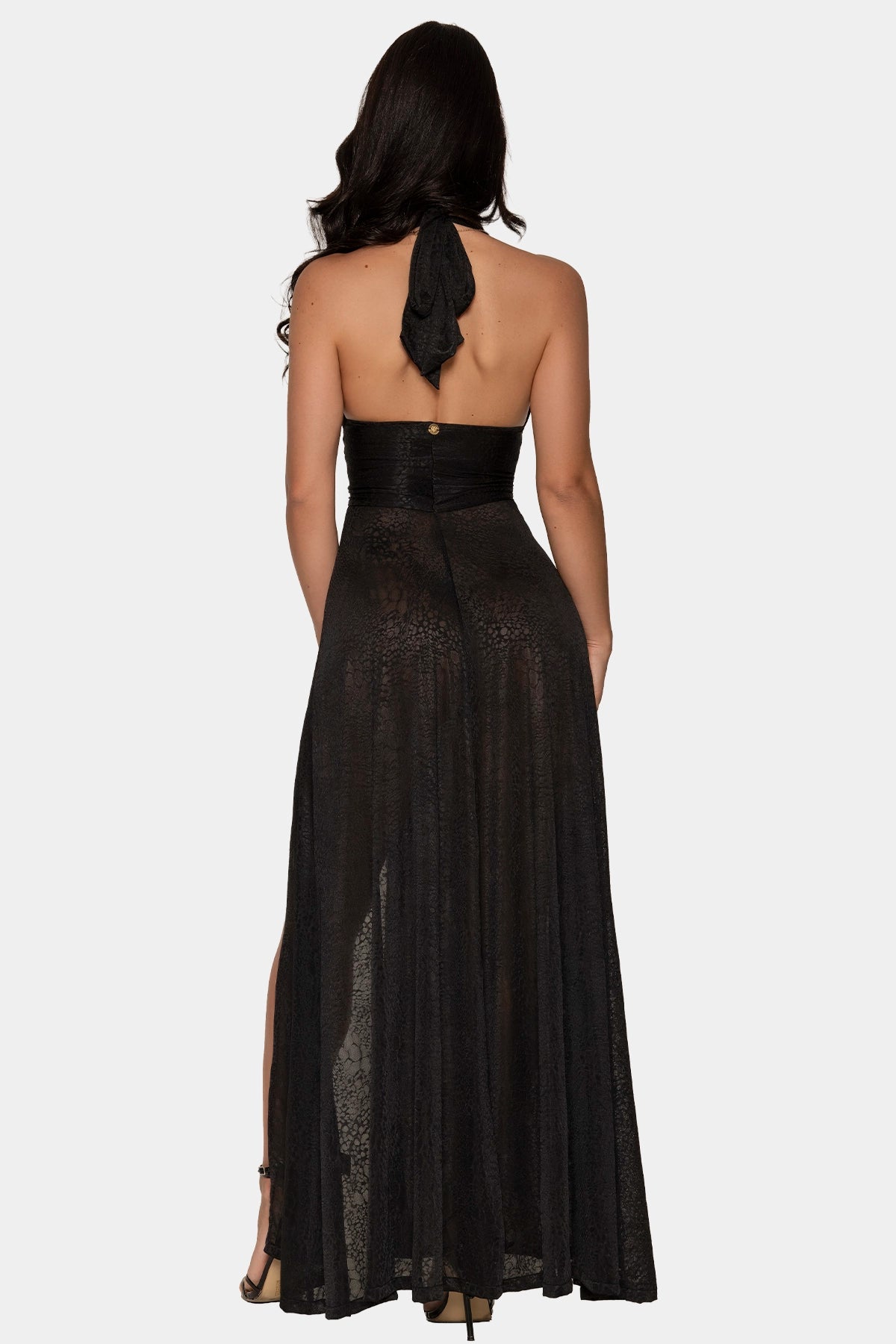 Vestido Serpentia de Giebelle tul negro semitransparente, vista espalda con lazo frontal y caída fluida